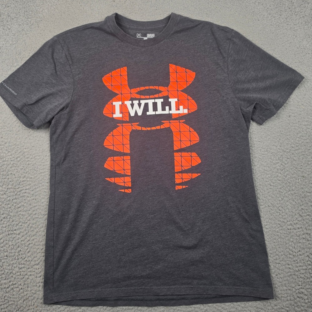 Under Armour T-Shirt Mens Medium HeatGear I‎ WILL Graphic Gray Orange Loose Fit
